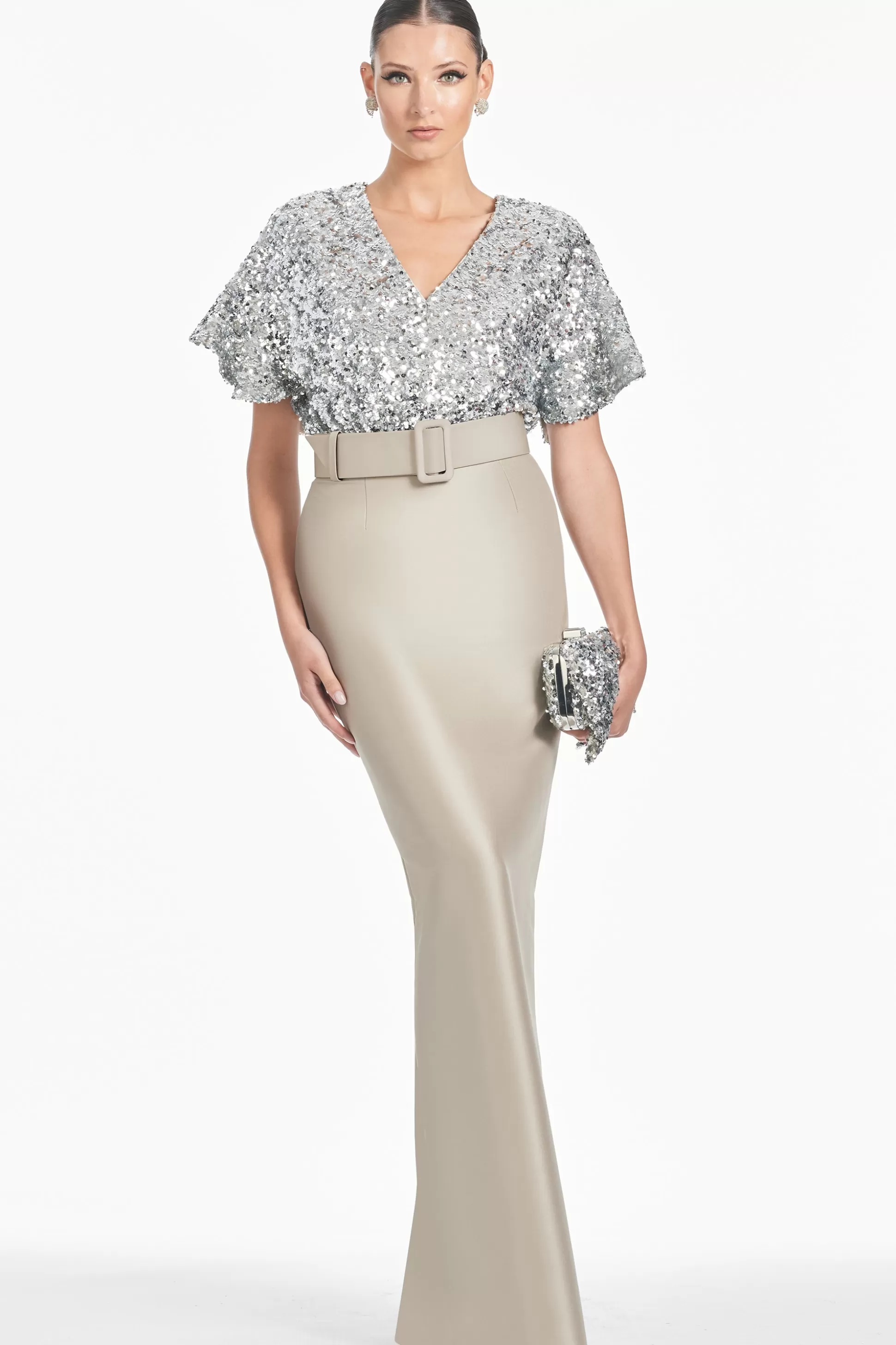 Sachin & Babi Short Sleeve<Marlene Gown - Silver/Pewter Silverpewter